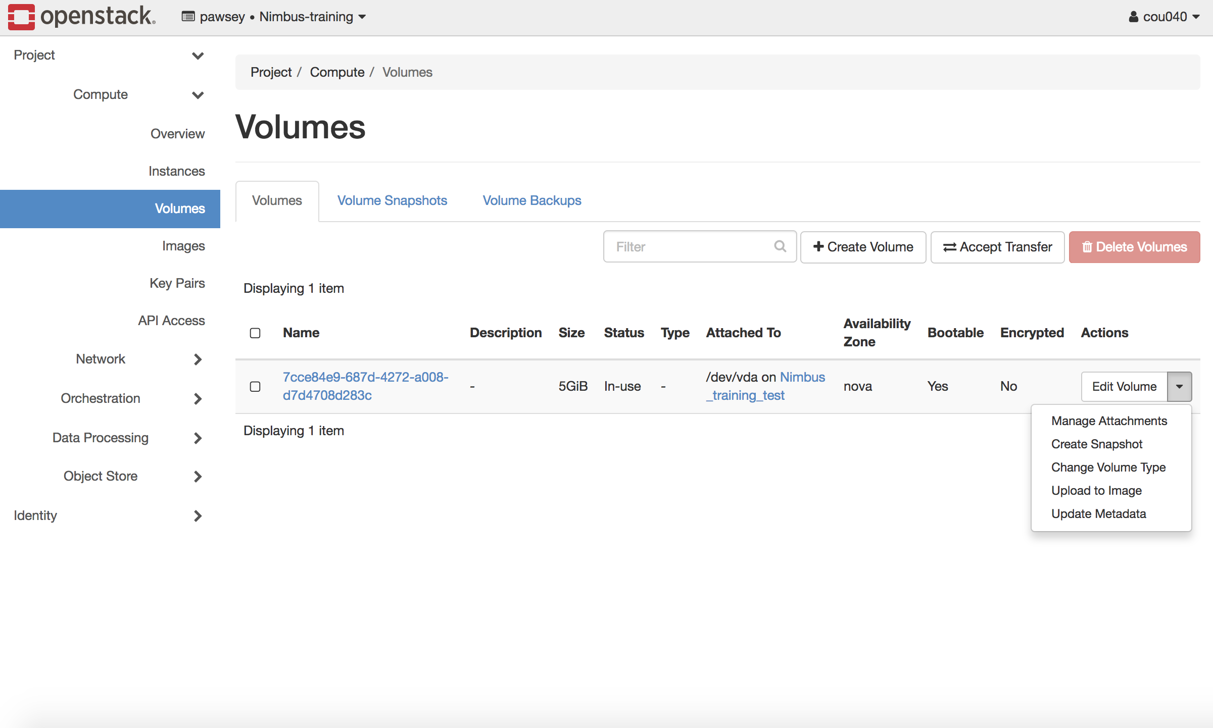 Nimbus Configure Volumes